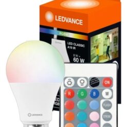 Lampara LED Classic Ledvance RGBW Colores E27 8w A60 con control remoto